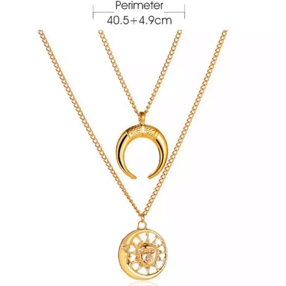 18k  Gold Double Layer Sun Moon Pendant Necklace - Picture 3 of 5